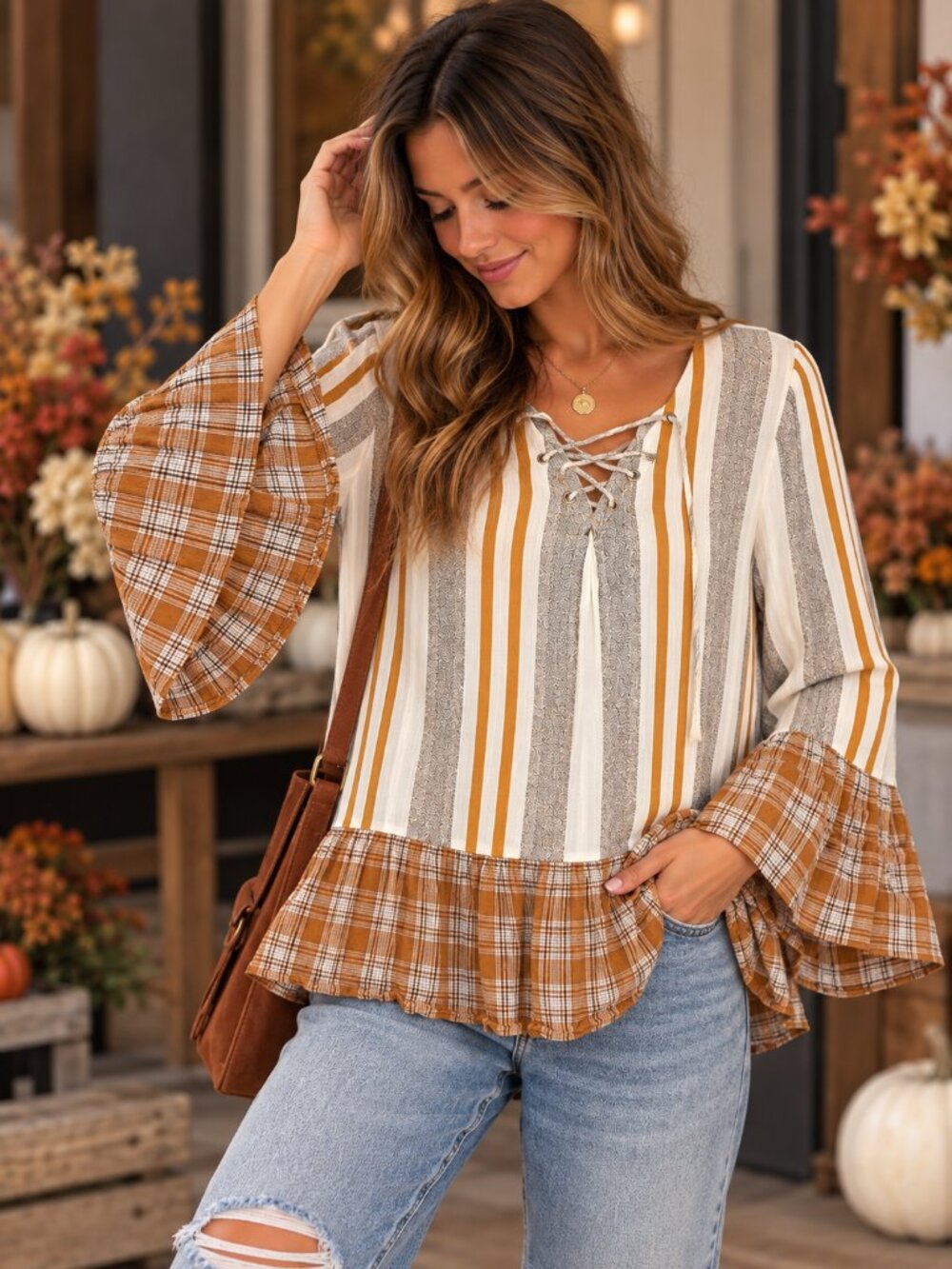 Umgee Size M Blouse Top Stripes Plaid White Yellow Criss Cross Flared Sleeves